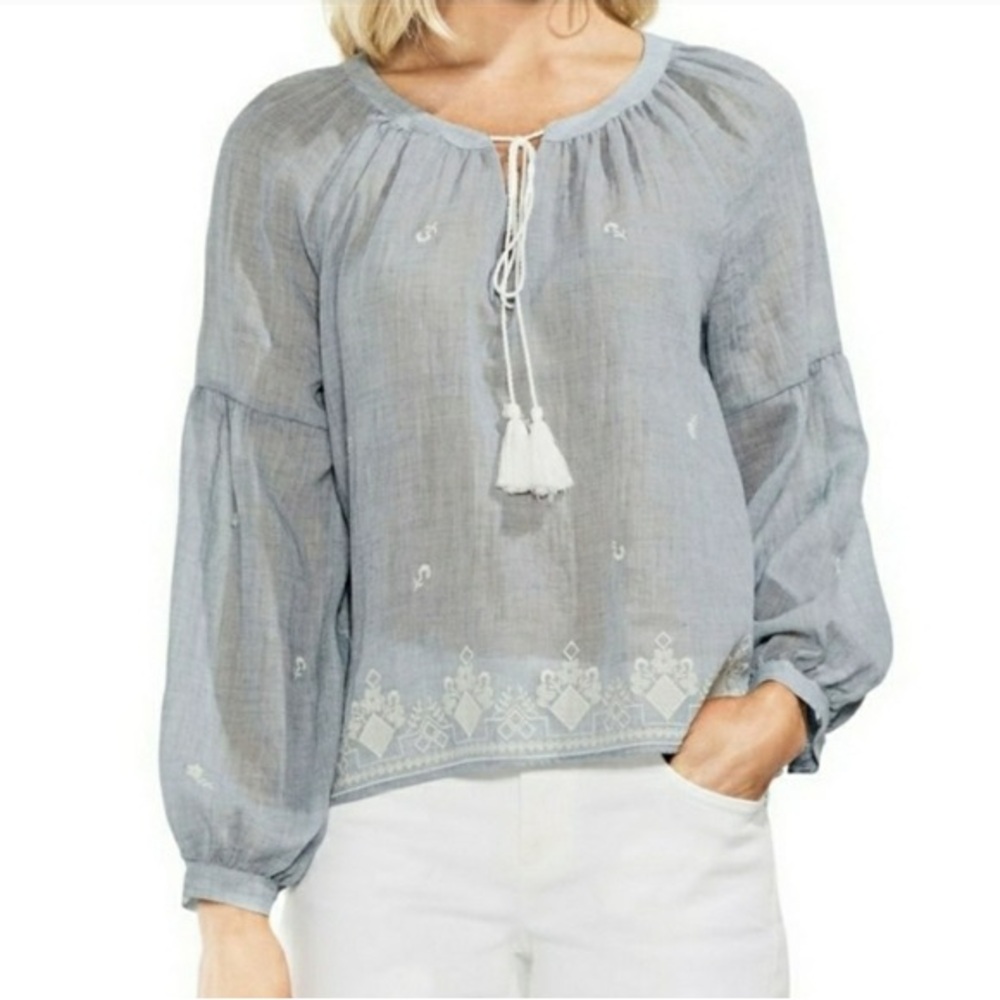 NWT Cotton Bleu Embroidered peasant gauze chambray tunic